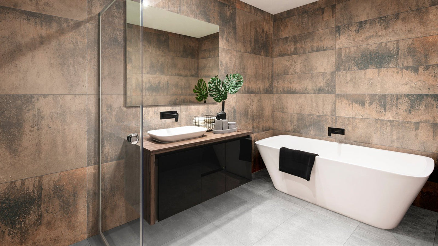 Orion Copper tegelspot az, Betonlook, bruin, glans, goud, halfglans, industrieel, lappato, Luxglans, rechthoek, special, stonelook, vierkant, Vintage, vloertegel, wandtegel
